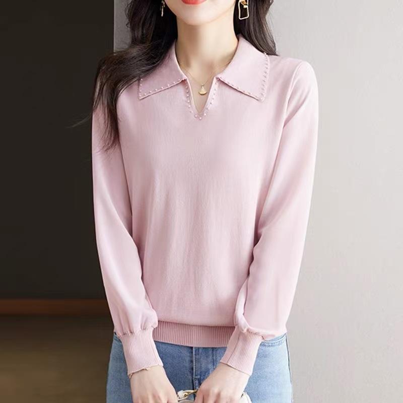 Ny vårstil Slim Lapel Chiffon Pullover Topp for kvinner Løs strikket baseskjorte