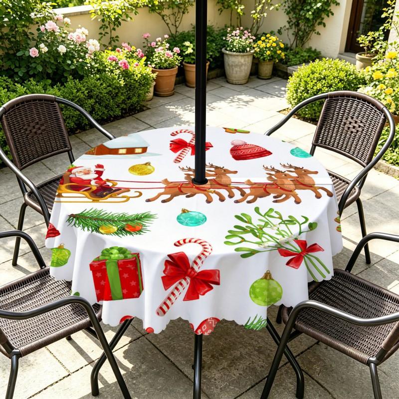 Outdoor Christmas Tablecloth Round Waterproof Oil-Resistant Patio Table Cover Garden Deck Umbrella Hole
