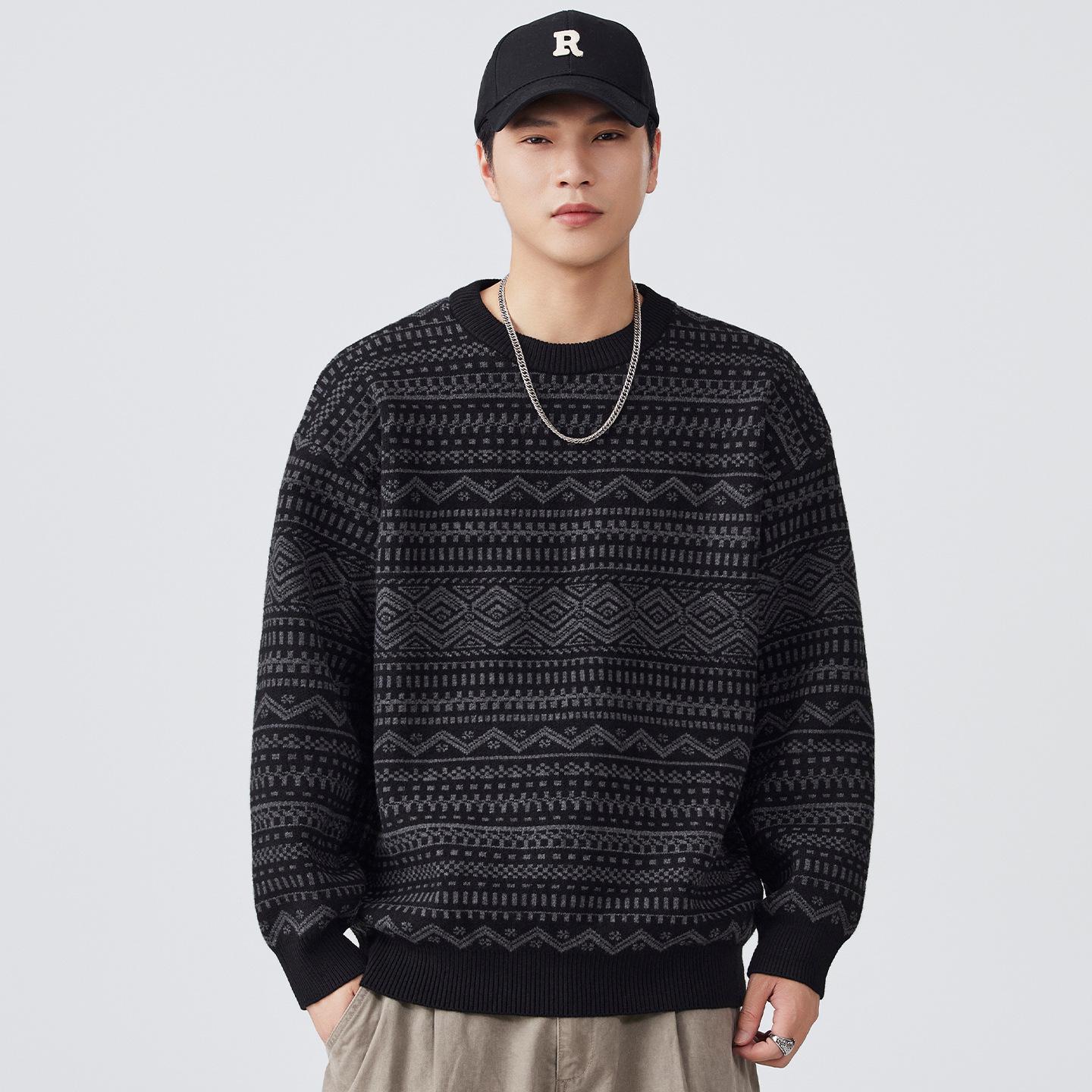 Men s Japanese Retro Jacquard Knit Sweater - Trendy Loose-Fit for Autumn/Winter, Unisex Style L