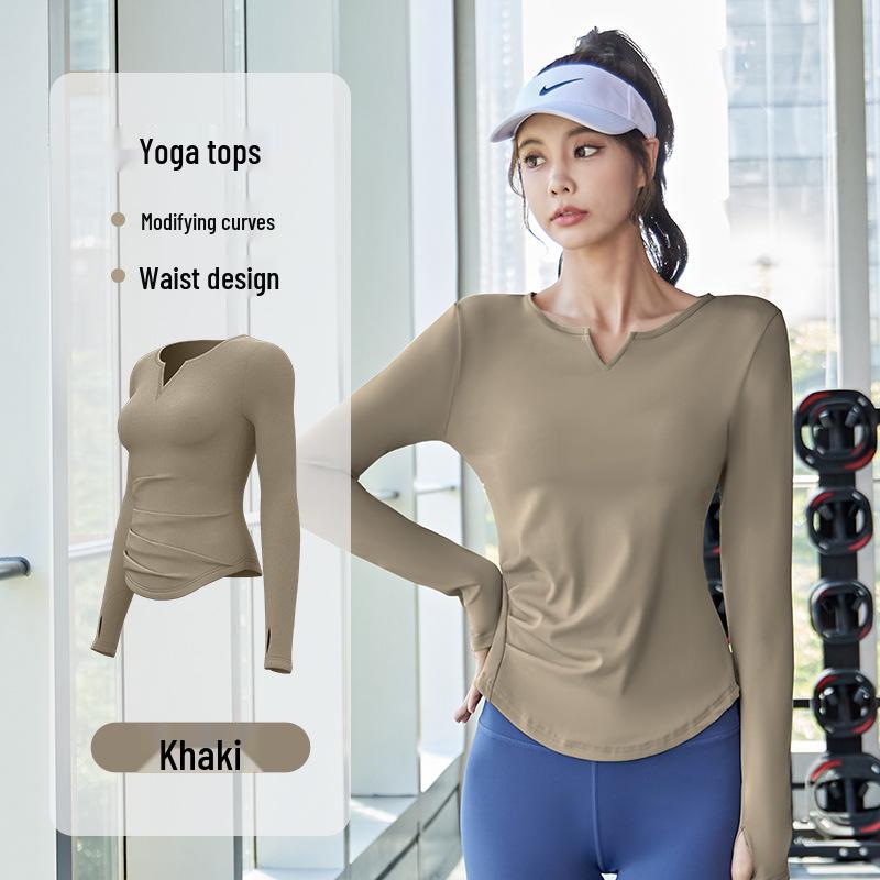 Juyi Hall Solid V-Neck Ruched Long Sleeve Women's Bodycon Yoga Top