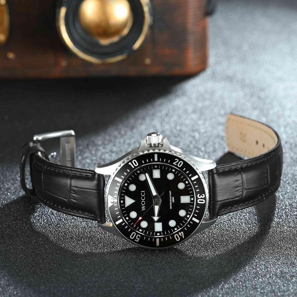 WOCCI 20mm Genuine Leather Watch Top Grain Leather Replacement Quick Release Buckle Crocodile-Embossed Band, Strap, Black/Black