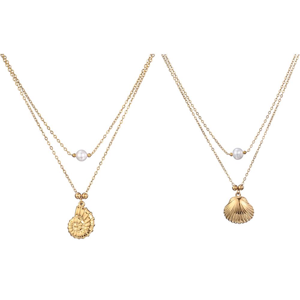 Anti-Oxidation Stainless Steel Conch Pearl Necklace, Double-Layered Design