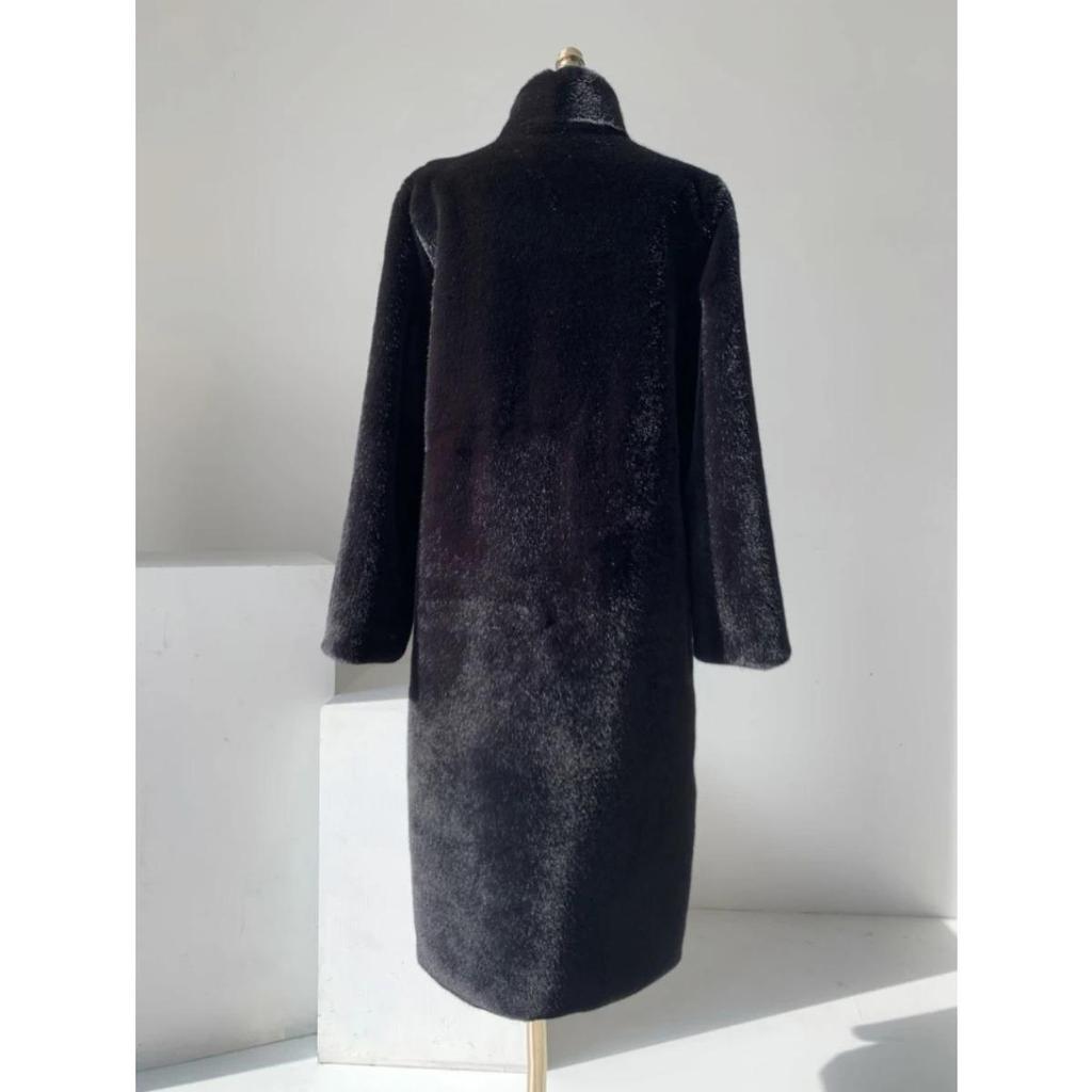 Winter Lang Schwarz Luxuriös Elegant Stilvoll Dick Warm Flauschig Zottelig Weich Faux Nerz Pelzmantel Damen Stehkragen Schärpen