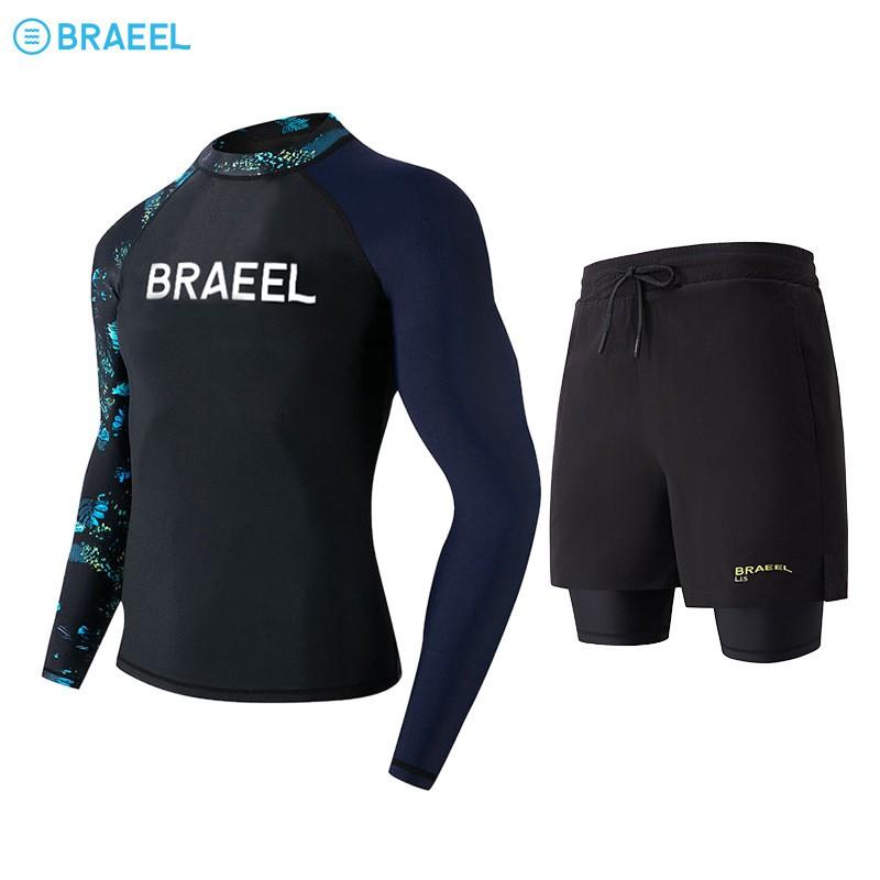 Mens UV Protection Quick-Dry Long Sleeve Rash Guard Set With Pants Surfing Diving Swimming
