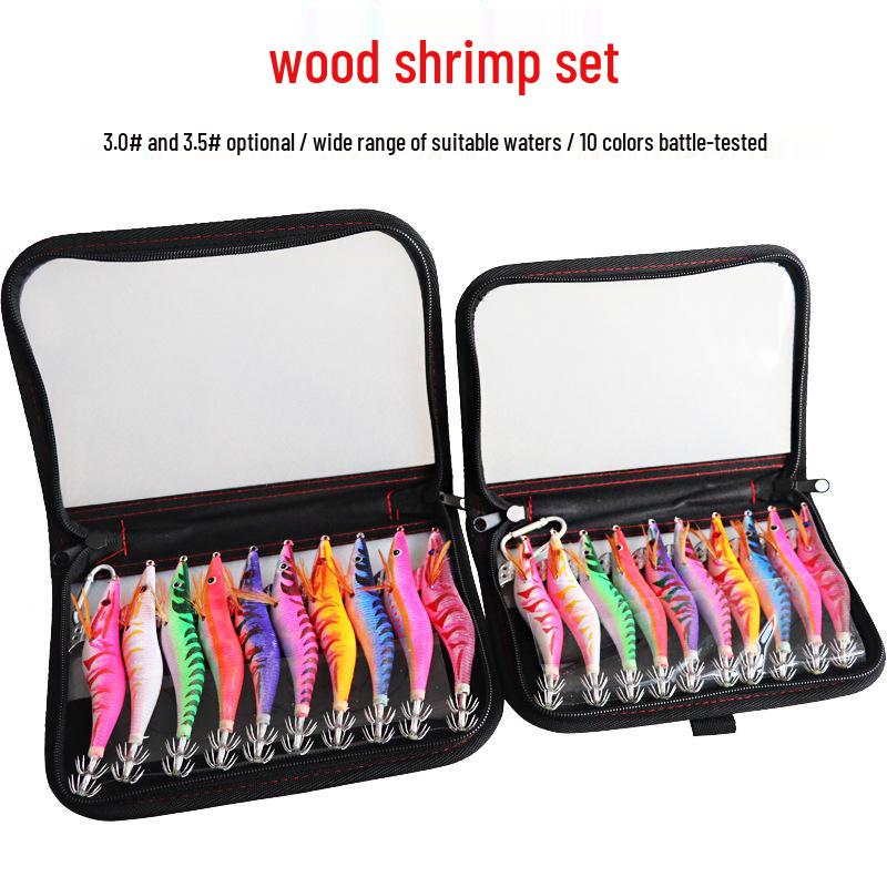 Fishing Lure Set: Luminous Squid Hooks & Wooden Shrimp Bait (3.0#-3.5#)