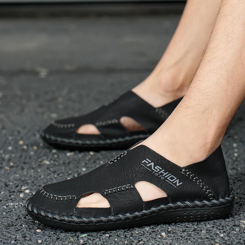 Мужские сандалии черные кожаные кроссовки для походов с закрытым носком — фото 14