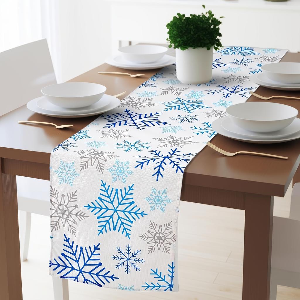 Christmas Blue Silver Snowflake Linen Table Runner Party Decor Winter Holiday Kitchen Dining Table Runner Christmas Decorations