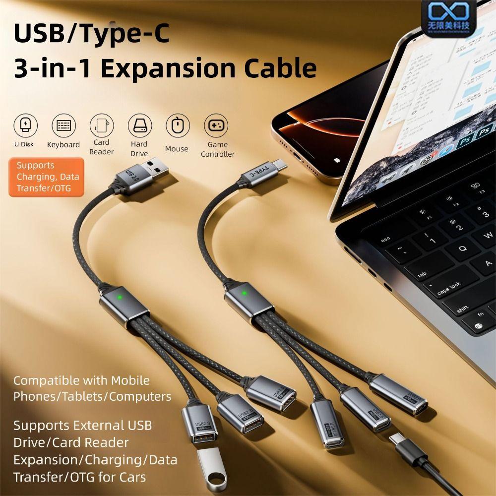 With Converter 3-in-1 USB Splitter Male To Female 480Mbps OTG Adapter Data Transfer Nylon Braided USB-C Hub Gamepad