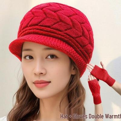 Berretto alla moda da donna: Caldo Cappello di Lana a Maglia per Autunno/Inverno con Ampio Bordo in Velluto