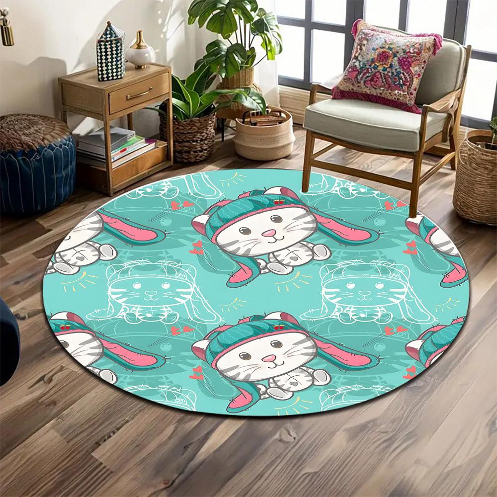 Cute Cat with Bunny Hat Pattern Print round rug, living room, bedroom, playroom carpet, non slip floor mat, gift