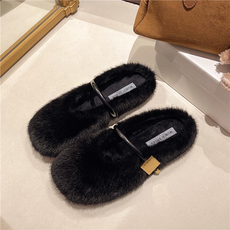 Retro Simple Fluffy Shoes for Women 2025 Winter Wear Flat-bottomed One-pedal Beanie Shoes for Women, Velvet Versatile Cotton Slippers for Women