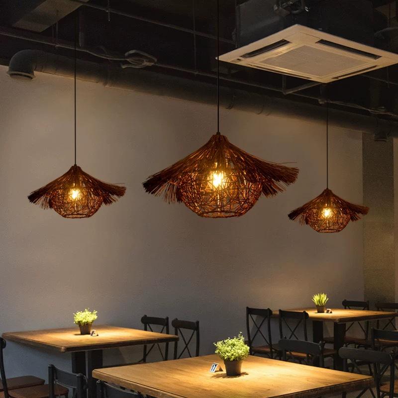 Bamboo Woven Lantern Light for Chinese Restaurant or Teahouse - Rattan Straw Hat Pendant Light