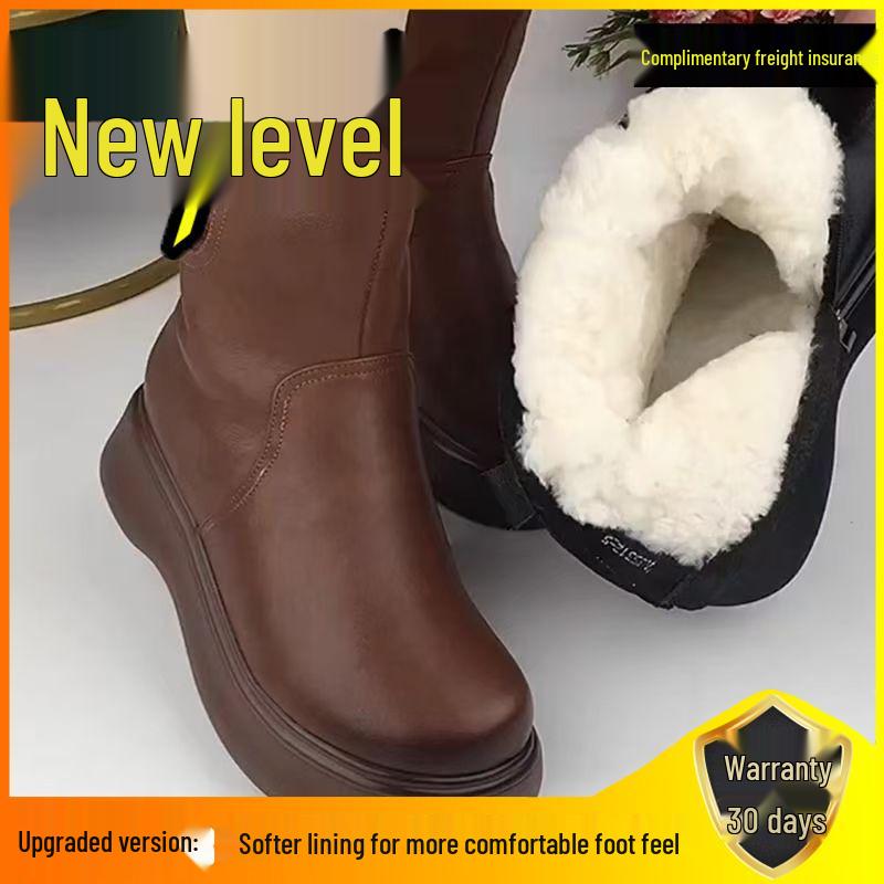 Cizme de zăpadă calde pentru femei până la jumătatea gambei - Piele și blană, cu talpă groasă și pluș, pregătite pentru iarnă pentru mame