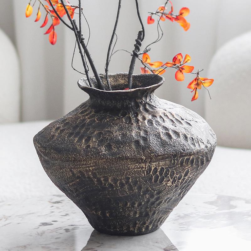 Wabi-sabi Style Retro Mottled Vase: Aged Flower Ornament for Entrance Hall or Living Room. Perfect for Dried Flowers.