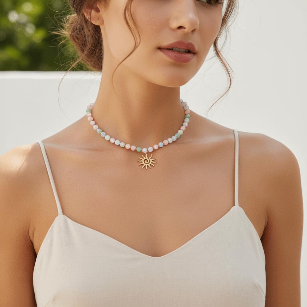 Gold Plated Beaded Bracelet Set UV Reactive Cat Eye Choker Sun Pendant Necklace  Women Gift