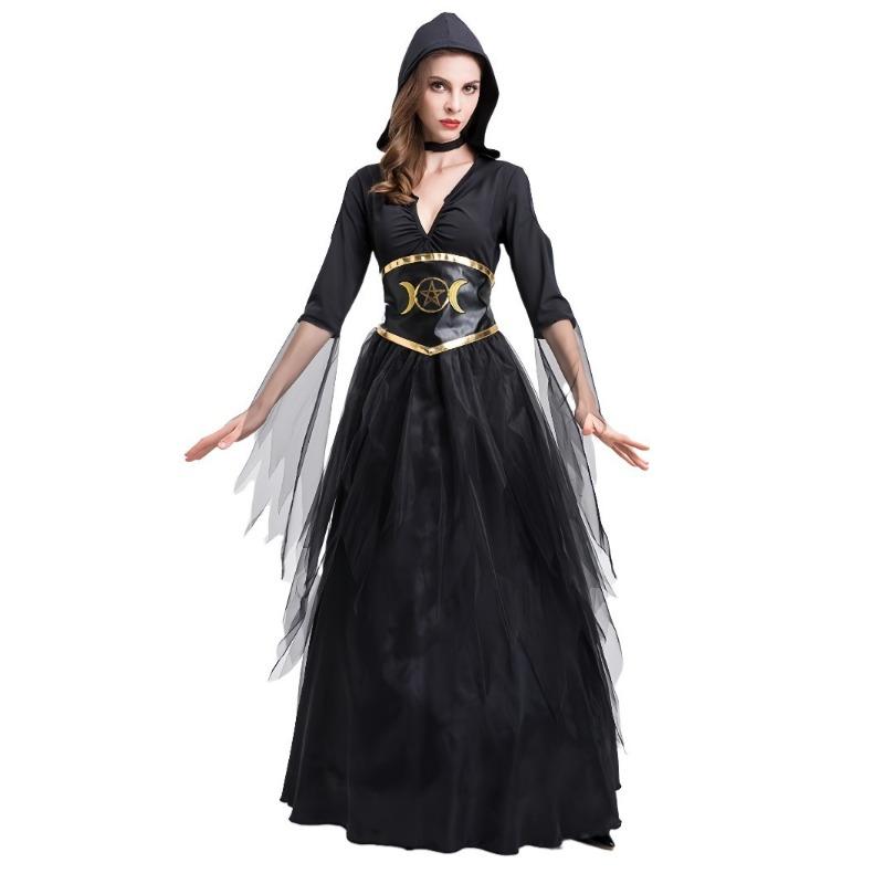 Halloween, Moon Witch Long Dress Sexy Cosplay Star Moon Muse Black Temperament Magician Costume