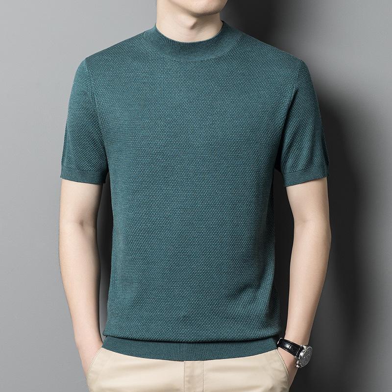 Men's Semi-turtleneck Short-sleeved Sweater Solid Color Casual Knitwear Trend Middle-aged Thin Woolen Pullover Base