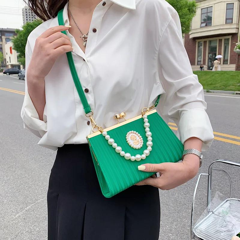 Geantă de umăr cu clemă de perle de lux pentru femei, genți de mesagerie cu lanț, verde, roz, alb, de designer, poșta de nuntă de nuntă