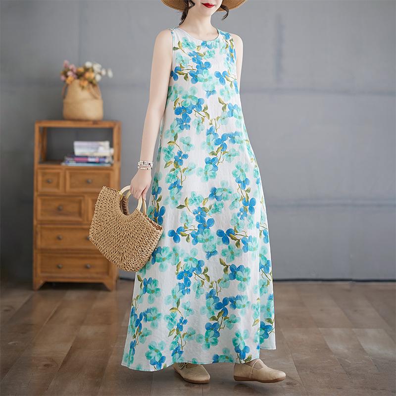 DIMANAF 2025 Women Linen Summer Flower print Dress Casual Ladies Basic Long Dress 8087