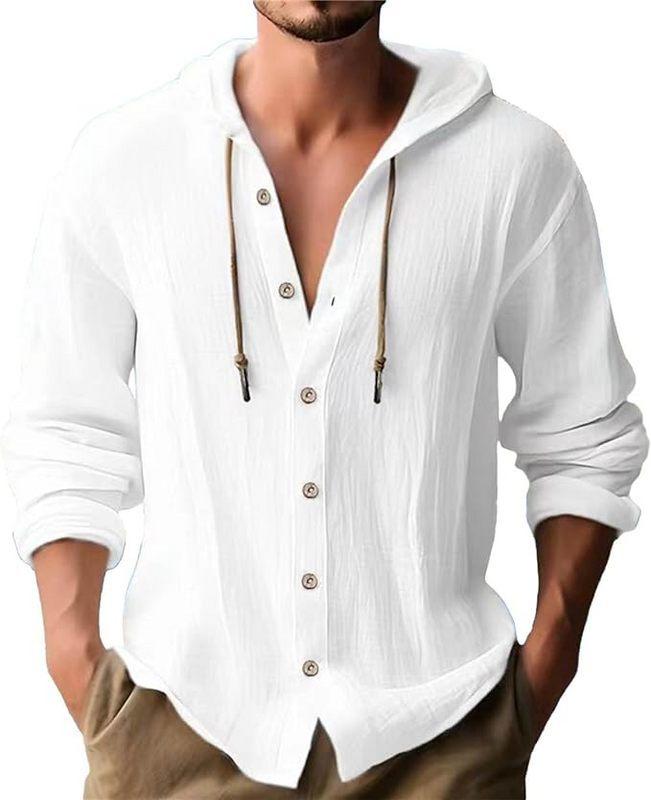 American Linen Men's Shirt, Fashionable and Casual Summer Breathable Thin Hooded Short-sleeved Cardigan Jacket