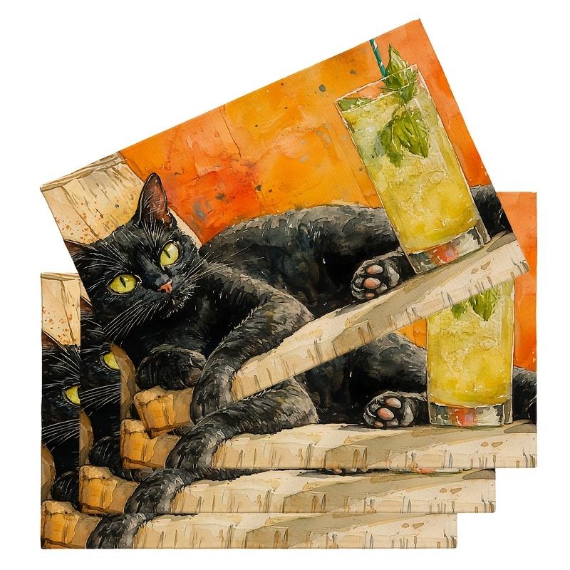 

4pcs a fat black cat on a Placemats Farmhouse Dining Table Place Mats Spring Summer Country Rustic Kitchen Decor Home Decoration 12x18in-4PCS