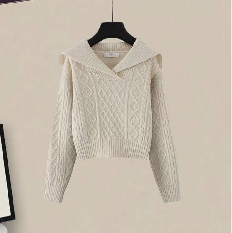 Navy Collar Retro Japanese Lazy Style Sweater & Skirt Set - Autumn 2024 Collection.