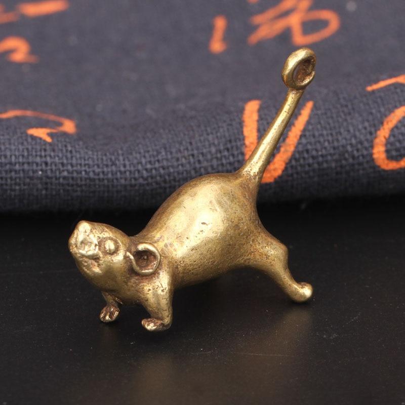 1Pc Ancient Brass Small Tea Pet Ornament Long Tail Cute Mouse Figurines Miniatures Copper Lucky Rat Study Living Room Decorations