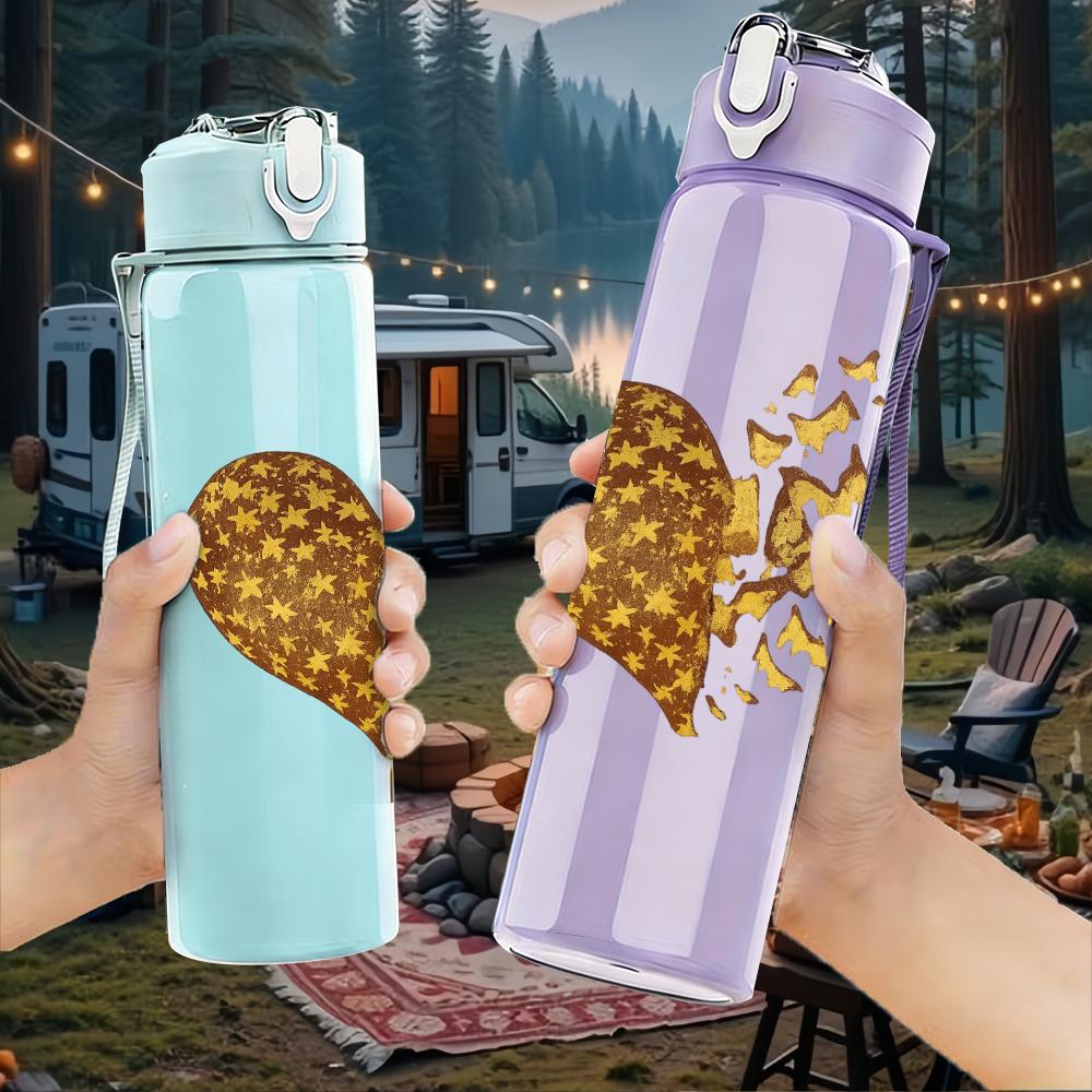 1PC Leopard Filled Heart 750ml Color Plastic Sports Water Bottle Leakproof Flip Straw Lid Suitable for Sports Office Home Use