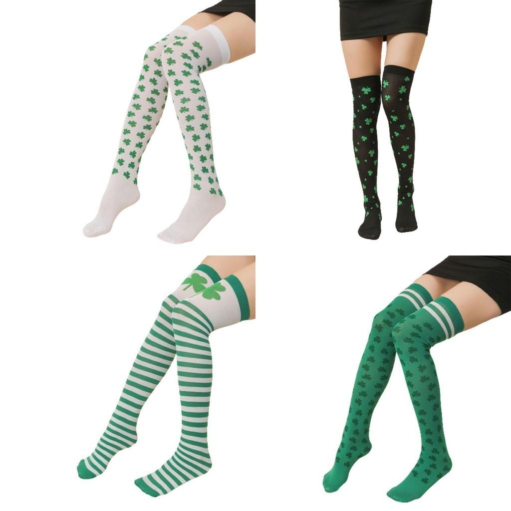 Women St. Patrick's Day Thigh High Striped Shamrock Socks Over Knee Stockings