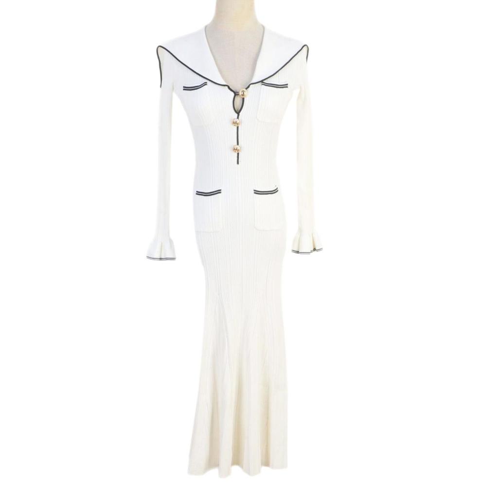 Women's European & American V-Neck Sailor Collar Slimming Fishtail Knitted Dress for Spring & Summer