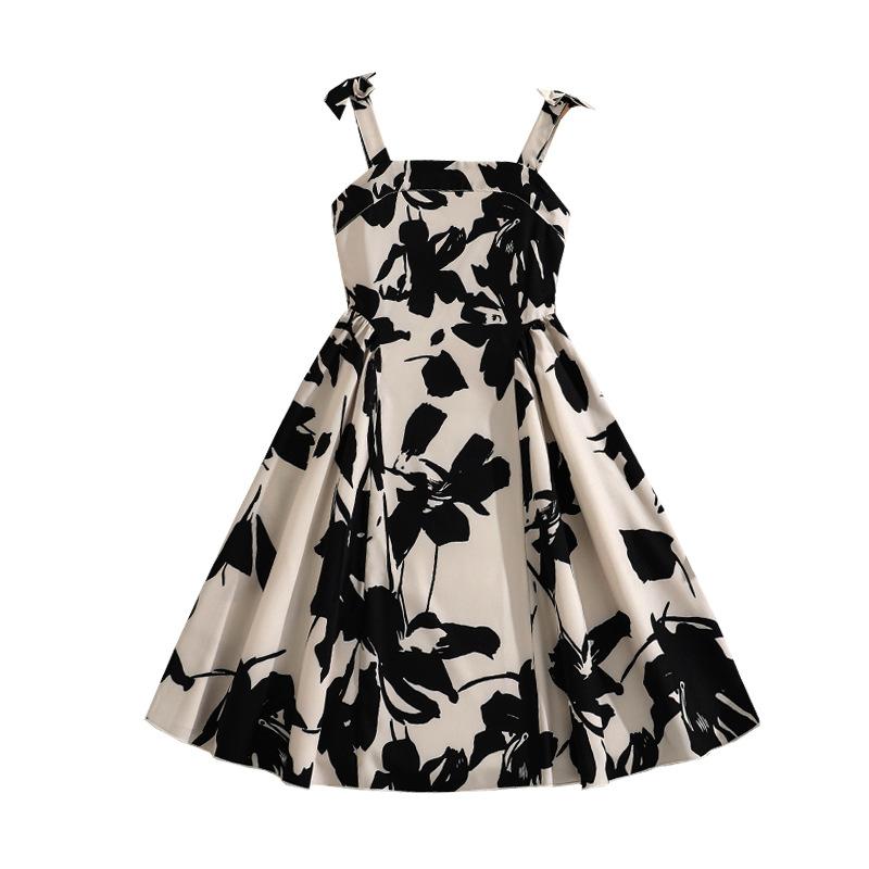 Girls' Fashion Dress Summer Floral Print Strapless Halter Neck High-Waisted Elegant Dress