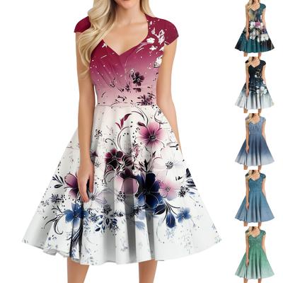 Women's Casual Fashion V-Neck Sleeveless  Printed Mid-Length Dress