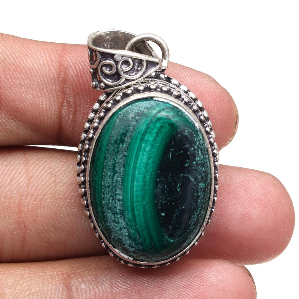 Malachite Emerald Gemstone Unisex Women's Silver Jewelry Pendant 1.75"