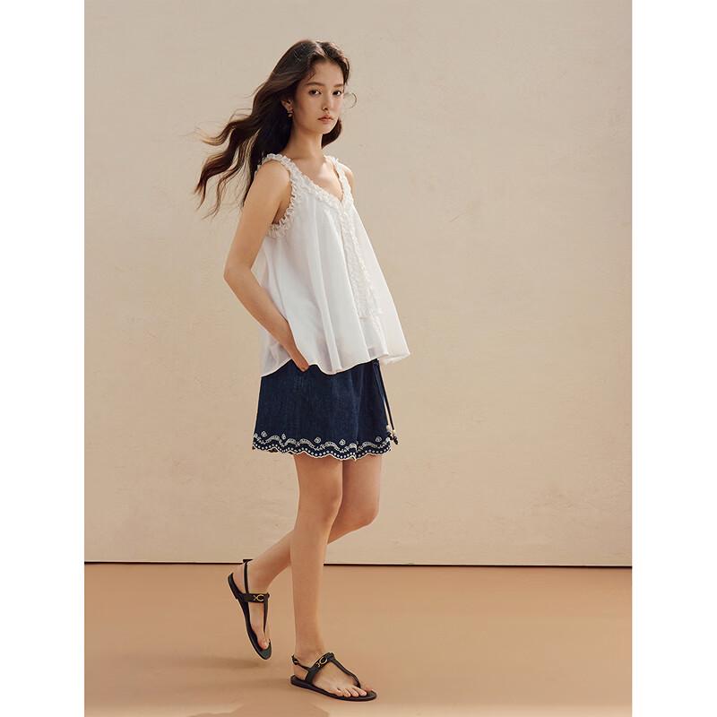 INMAN Women's Pleated Lace Sleeveless Cotton Blouse