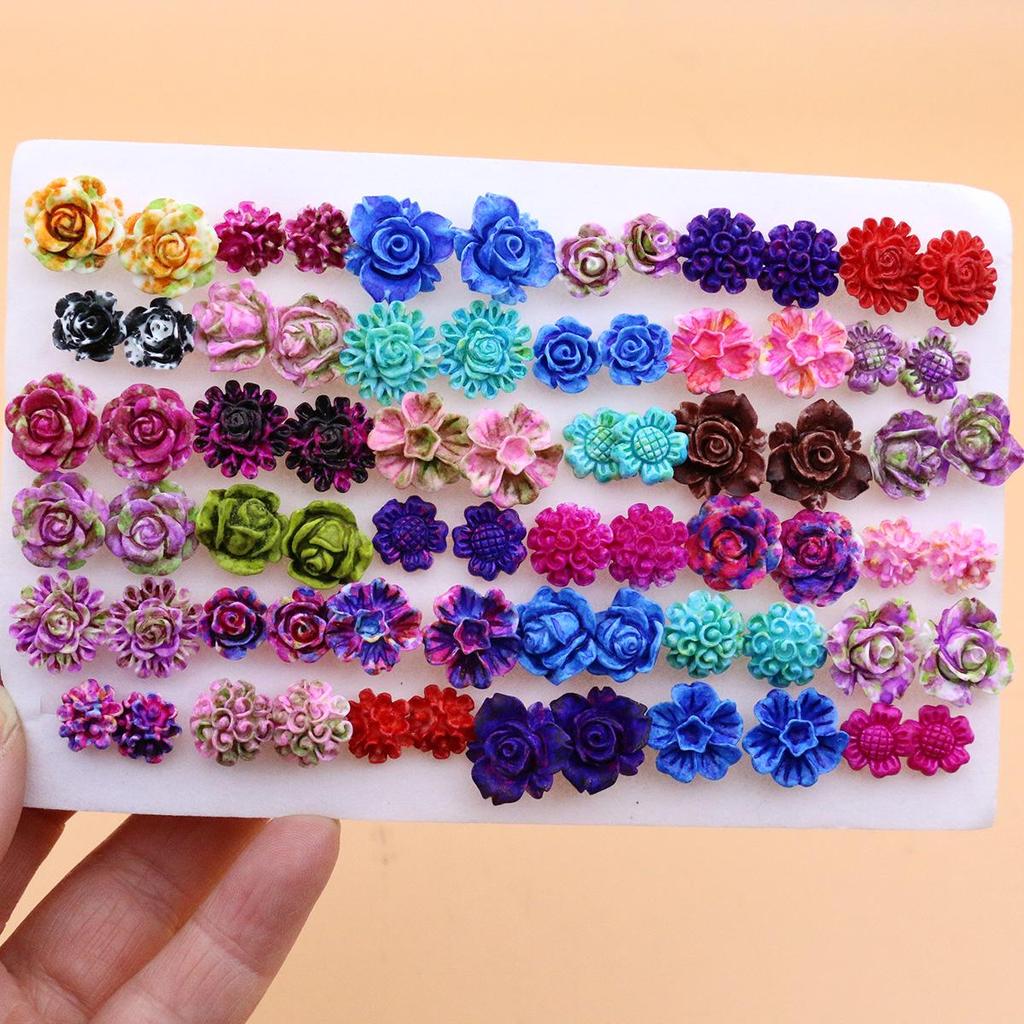 Gift Box: 36 Pairs of Mixed Style Spray Paint Resin Flower Stud Earrings with Bowknot