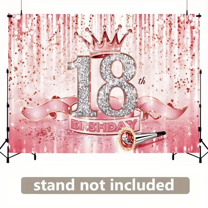 2D Pink Rose Gold 18th Birthday Backdrop Glitter Crown Photo Booth Banner