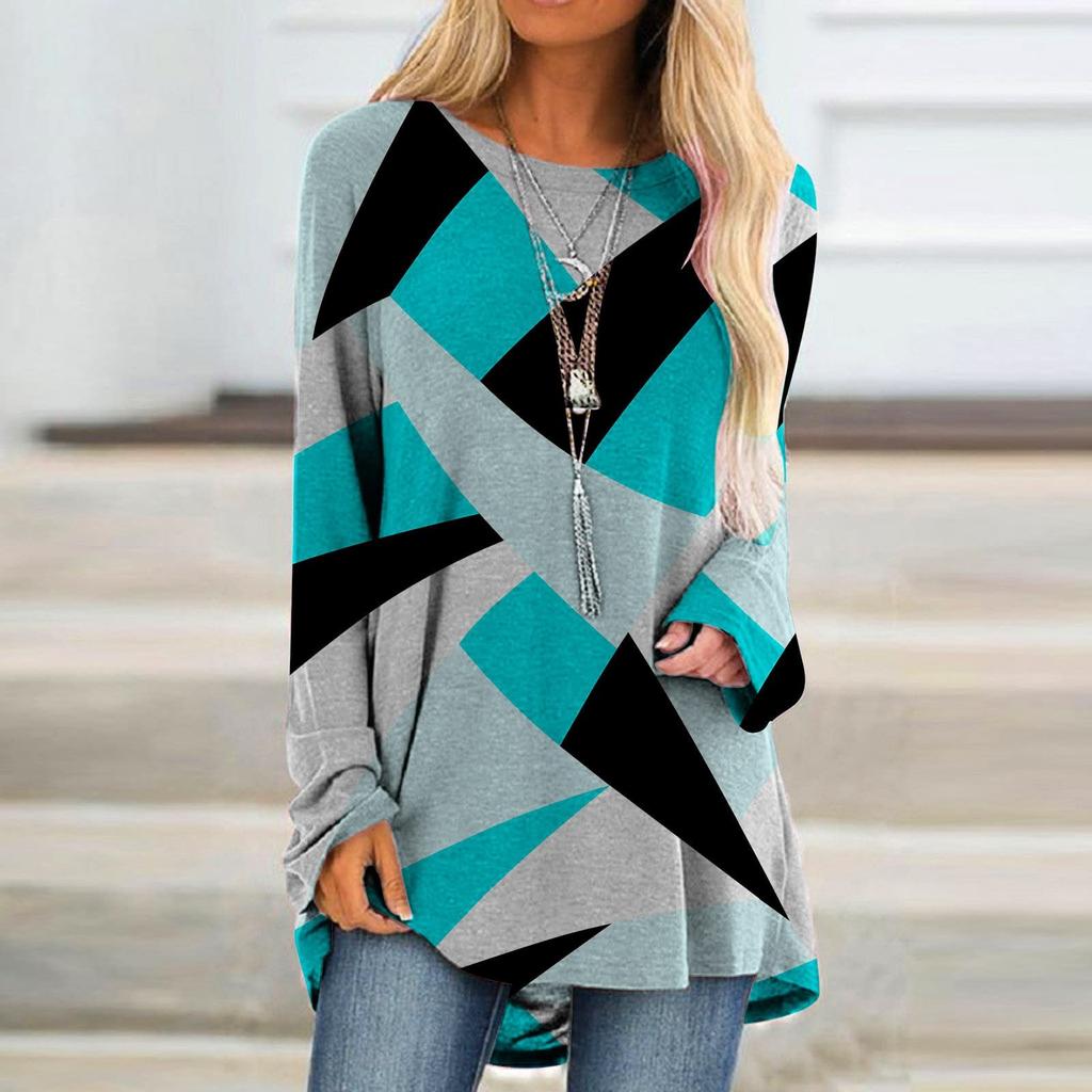 Women's Fashion Casual Irregular Patchwork Color Print Loose Medium Long Long Sleeve Top