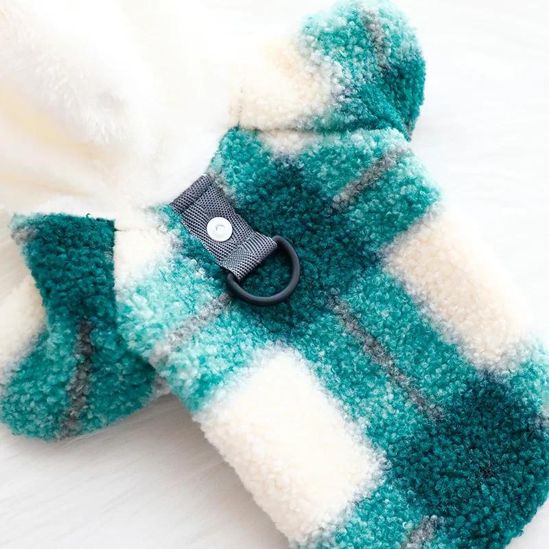 Pet Autumn Winter Outfit Lamb Fleece Plaid Coat Thick Cat Particle Fleece Hooded Sweatshirt Cute Traction Small Dog Teddy Pet