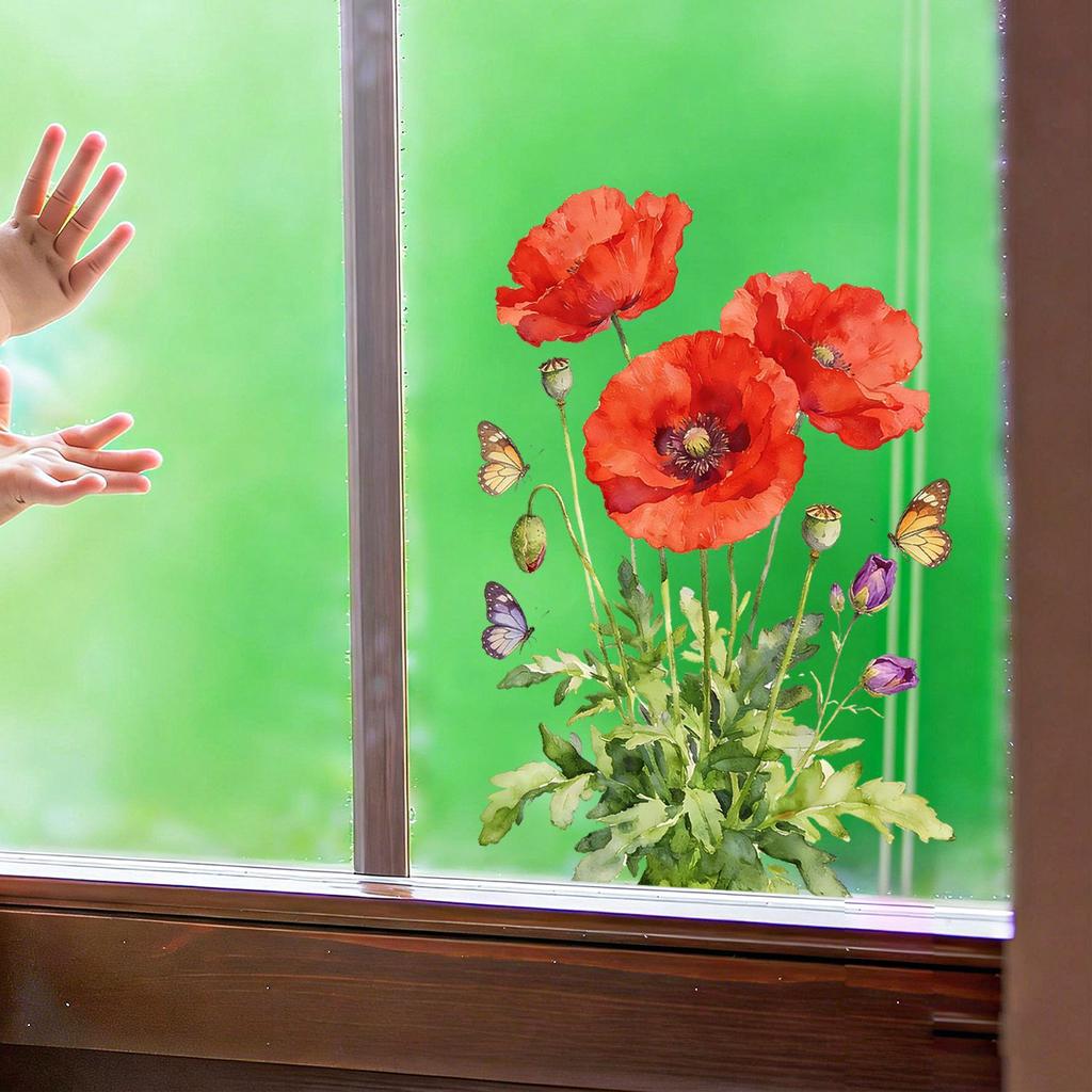 Creative Poppy Flower Butterfly Static Cling Window Sticker for Bedroom Living Room Balcony Glass Decor