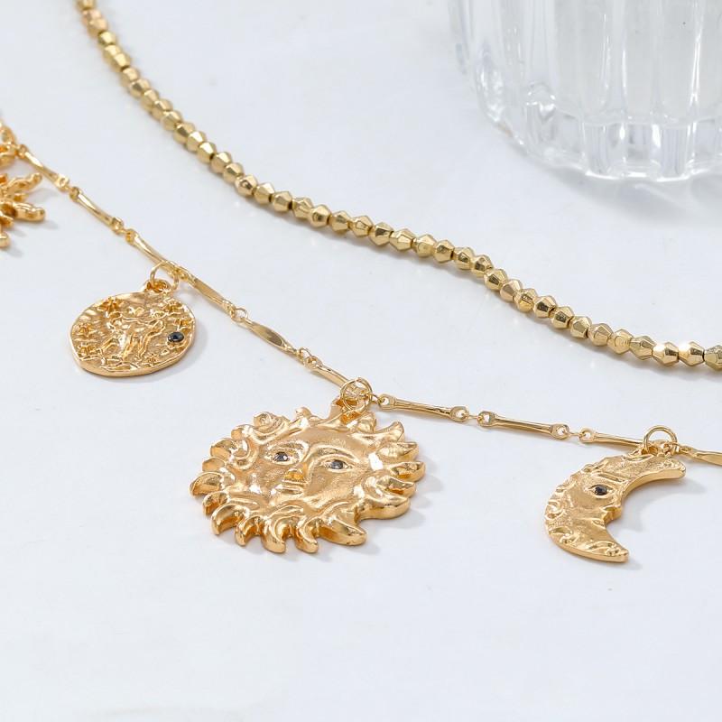 Gold Tone Sun Moon Geometric Pendant Necklace Set Women Layered Minimalist Beach Vacation Jewelry Zinc Alloy Chain 41-50cm