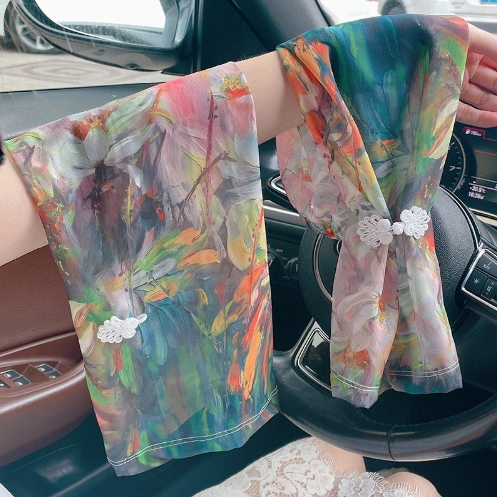 

Chinese Style Buckle Chiffon Sunscreen Sleeve Flower Cycling Gloves Summer Style 5