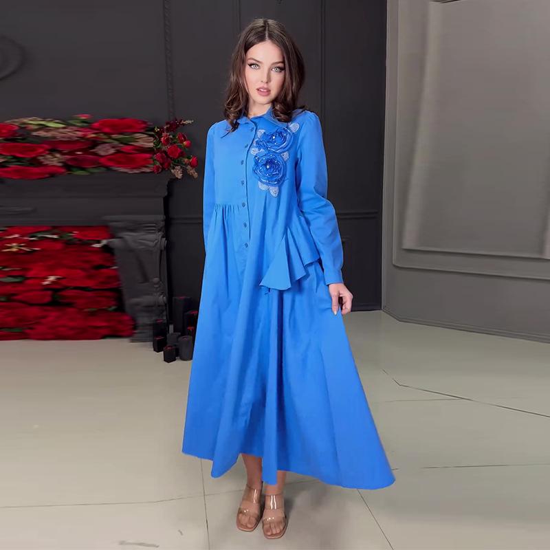 

2024 Осень Европейское и Американское Женское Элегантное Платье с Длинным Рукавом и 3D Цветочным Дизайном Extra Large синий