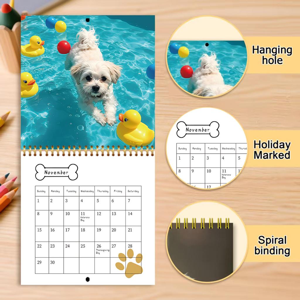 Niedlicher Hunde-Wandkalender 2026 mit Spiralbindung, 12 Monate zum Abreißen, Haustierkalender mit Feiertagsmarkierungen zur Heimdekoration