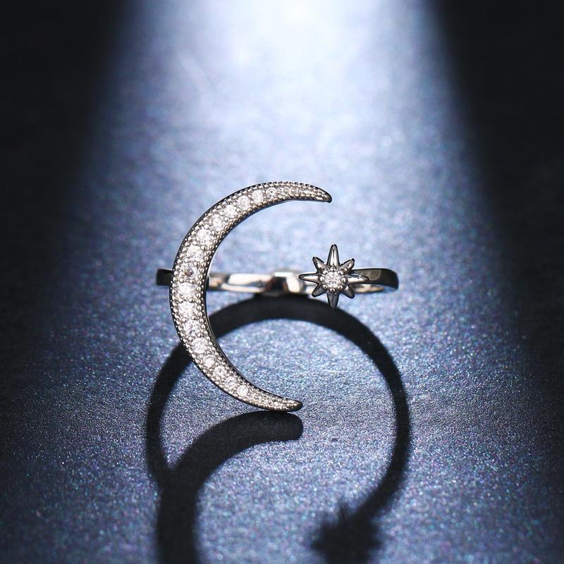 Crescent Moon Star Diamond Crystal Open Rings for Women Bridal Wedding Engagement Fashion Jewelry
