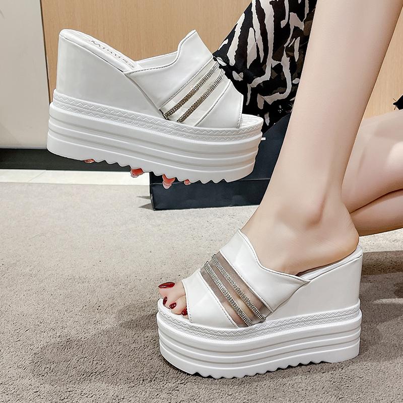 Fashion Slippers Casual Shoes On A Wedge Platform Slides Women Heels Pantofle Luxury Soft High 12CM Summer Fashion PU Fabric Leisure