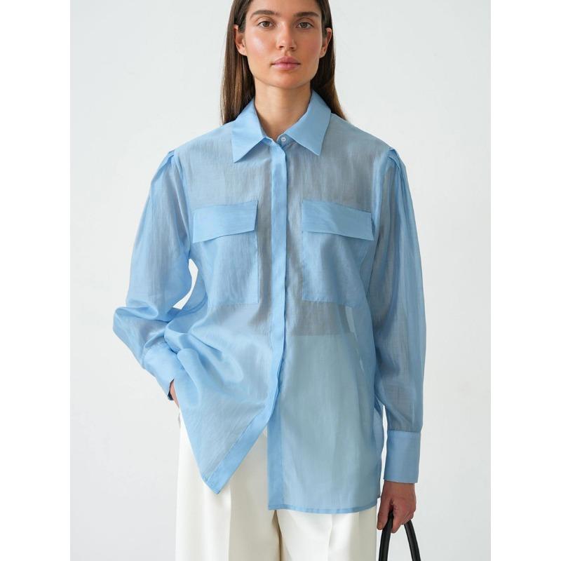 Women S Long Sleeve Lapel Sheer Tencel Blend Shirt For Commute