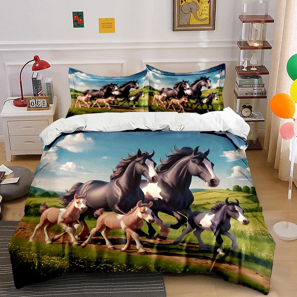 Running Horses Nature Decor Set Soft Comfortable Duvet Cover Bedding Set Included 1*Duvet Cover & 2*Pillowcases, Gift