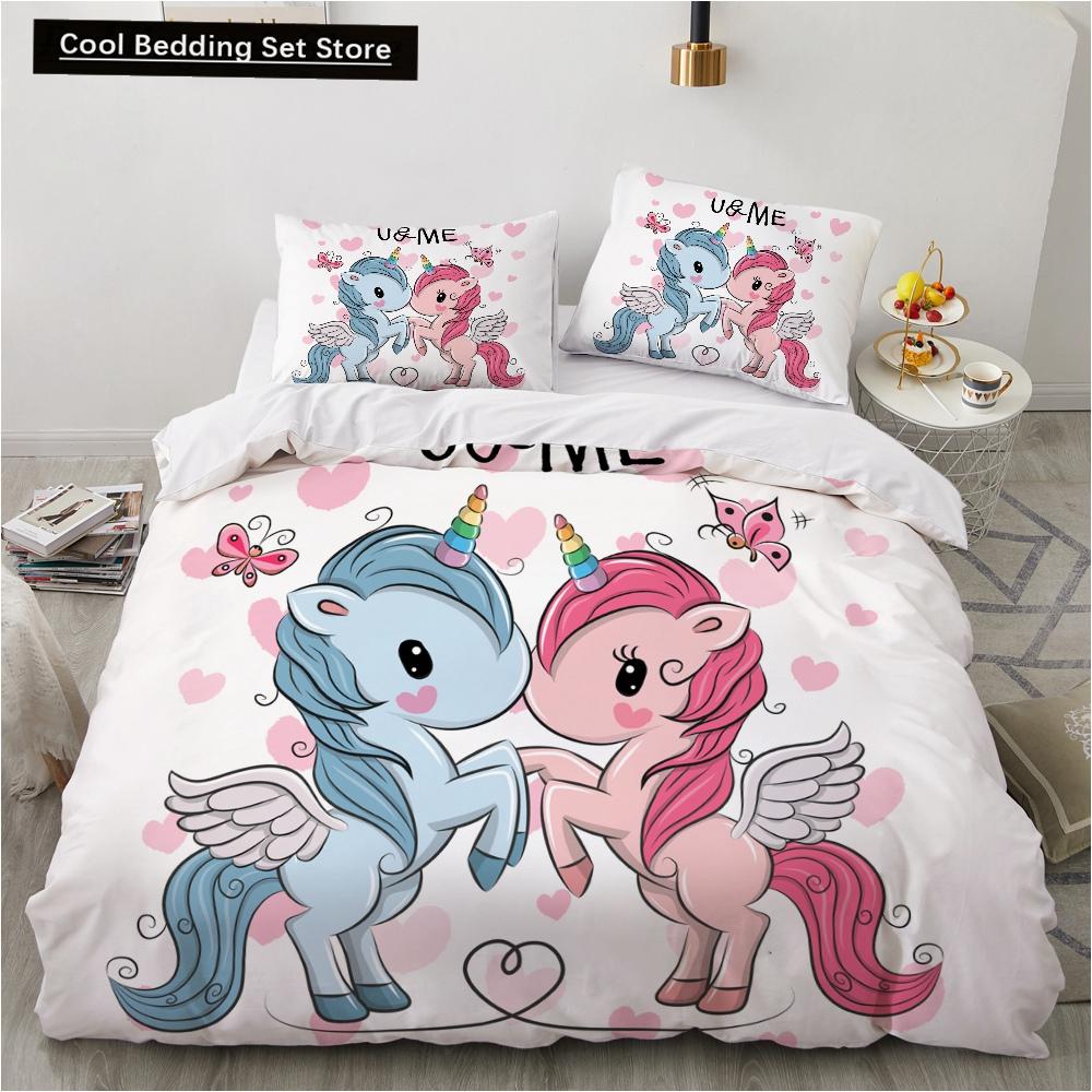 Children Kids Baby Pink Bedding Set Queen King Cartoon Unicorn White Duvet Cover Twin Full Colorful 2/3pcs Polyester Quilt Cover
