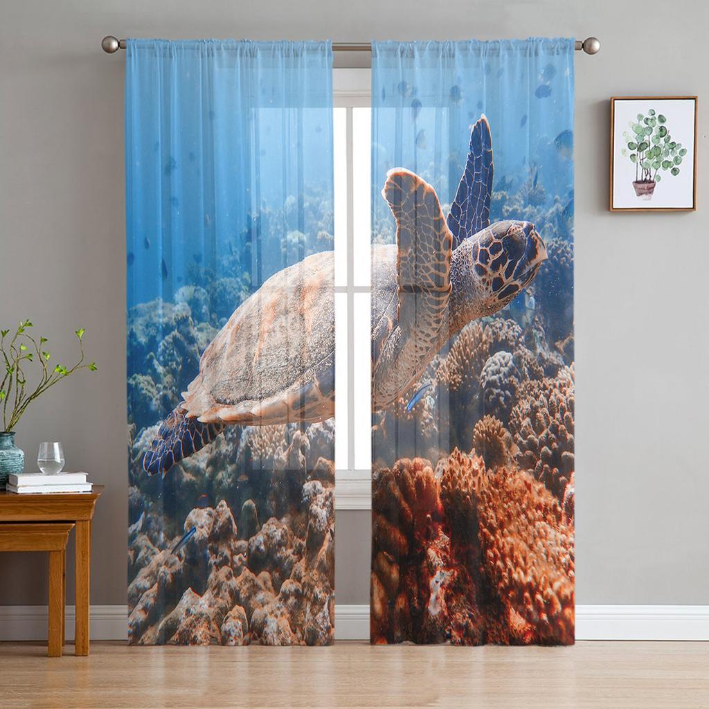 Blue Ocean Green Turtle Tulle Curtains For Living Room Bedroom Decoration Sheer Voile Window Curtains Party Drapes Panels