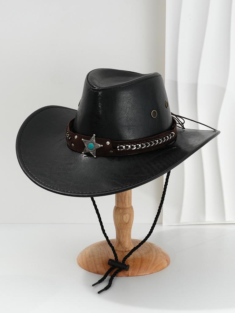 Popular Men's and Women's PU Leather Top Hat, Metal Silver Chain Buckle Star Gem Rhinestone, Houston Rodeo